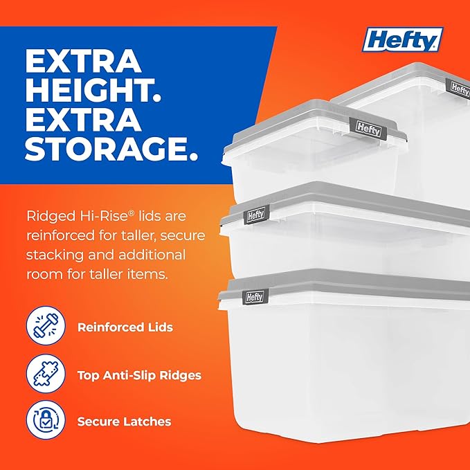 Hefty 63 Qt Hi-Rise Storage Bin with Lid, Stackable Plastic Storage Container, Organizer for Home, Garage & Closet, 4 Pack, Gray