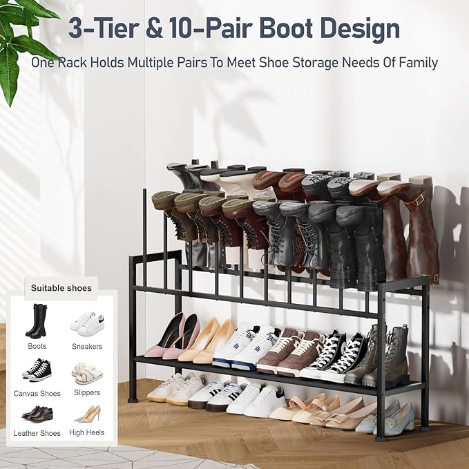 DIMJ Boot Rack 3-Tier - Black Metal Boot Storage Rack for Tall Boots Organizer, Multiuse Shoe Rack for Boots, Sneakers, High-Heel, Entryway, Fit for 10 Pairs, Black