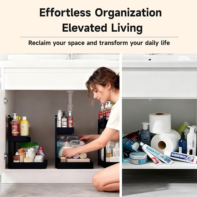 Bamboo Undersink Organizer Storage - 2-Tier Cabinet Shelf with Adjustable Levels, Under Sink Storage Slide Out for Cabinet Pantry Kitchen Bathroom (Black, 2 Packs)
