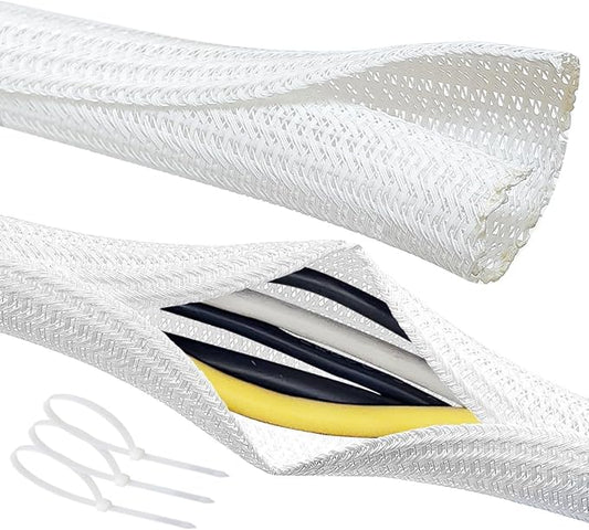 Cable Management Split Wire Loom Sleeve, 1 & 1/2 Inch 10FT Each, White