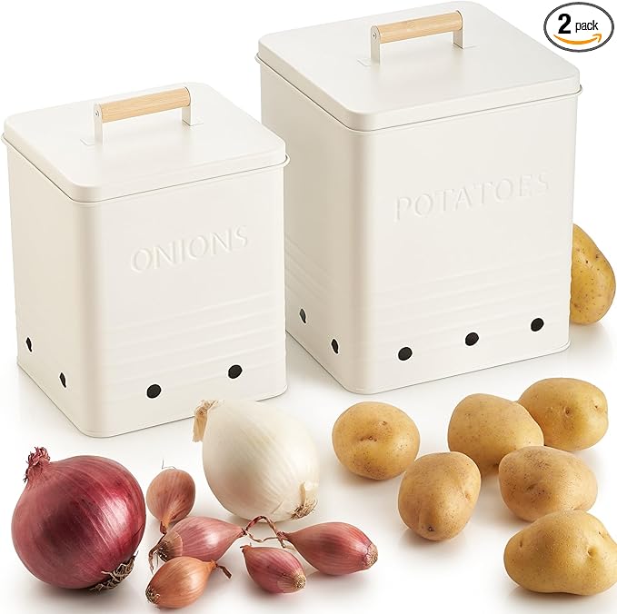 ZICOTO Beautiful Potato and Onion Storage Container Set, 10.1" & 8.9" - Perfectly Sized Spacious Canisters For Your Kitchen Counter Or Pantry - Food Safe Metal Bins Keep Produce Fresh Longer