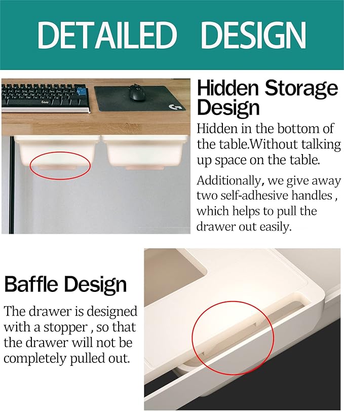 SVNNELP 2Pack Under Table Desk Drawer Storage Organizer Slide Out, Hidden Self-Adhesive Under Desktop Pencil Tray Drawer for Office,Classroom,Kitchen(S/white）