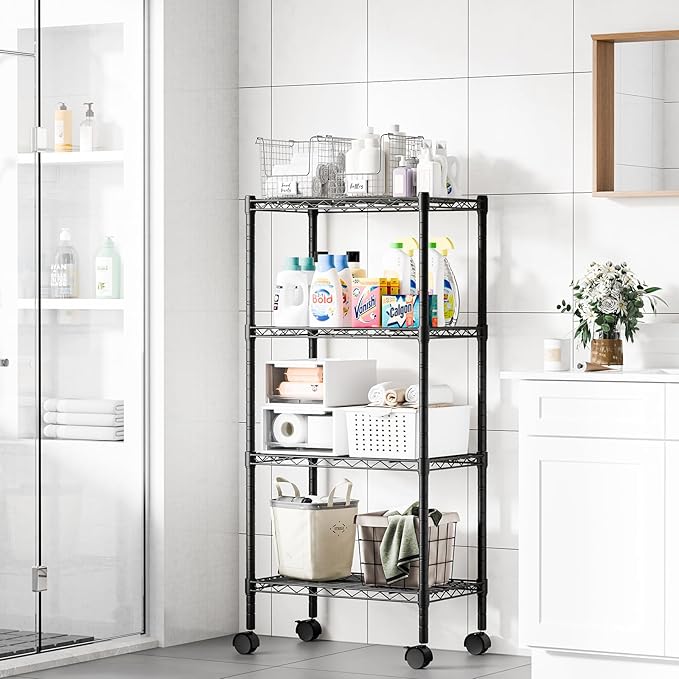 DUMOS 4-Tier Metal Wire Storage Shelves, Adjustable Standing Storage Rack Shelf with Wheels, Heavy Duty Steel Shelving Unit Organizers for Kitchen Bathroom Pantry Garage, 23.2"W×13.4"D×47.1"H, Black