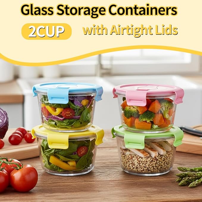 2 Cup Round Glass Soup Container with Lids and Spoons