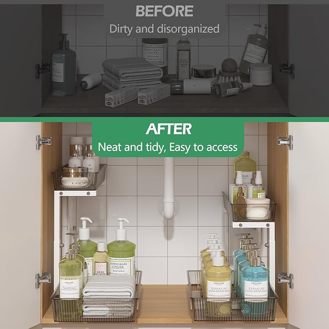 Under Sink Organizer 2 Packs, Pull Out Kitchen Sink Organizer, Grey & White