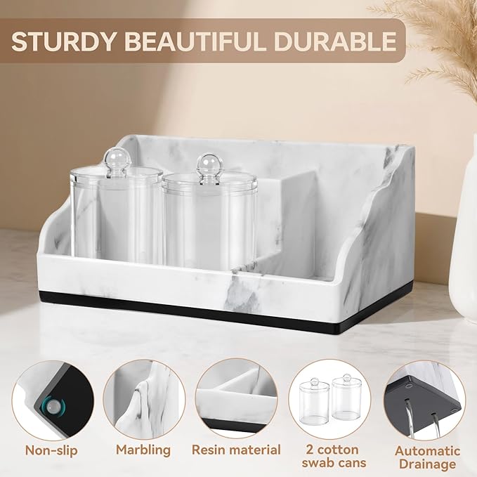 TuCao Marble Bathroom Countertop Organizer, Toothbrush Holders for Bathroom with 2PCS Qtip Holder Dispenser and Toothpaste Holder Drainage for Bathroom Accessories Organization Counter Vanity Storage