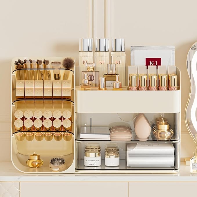 Makeup Organizer with Drawers, Large Capacity Countertop Organizer for Vanity, Bathroom and Bedroom Desk Cosmetics Organizer, Easy To Storage Skincare,Brushes, Eyeshadow,Lipstick (All Cream)