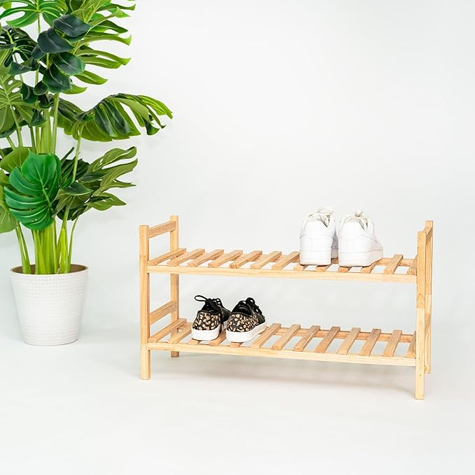 PJ Wood Stackable Wooden Shoe Rack Organizer for Closet Storage, Entryway Shelves, Tiered Cabinet for Shoes, 6 Pair Capacity, Natural