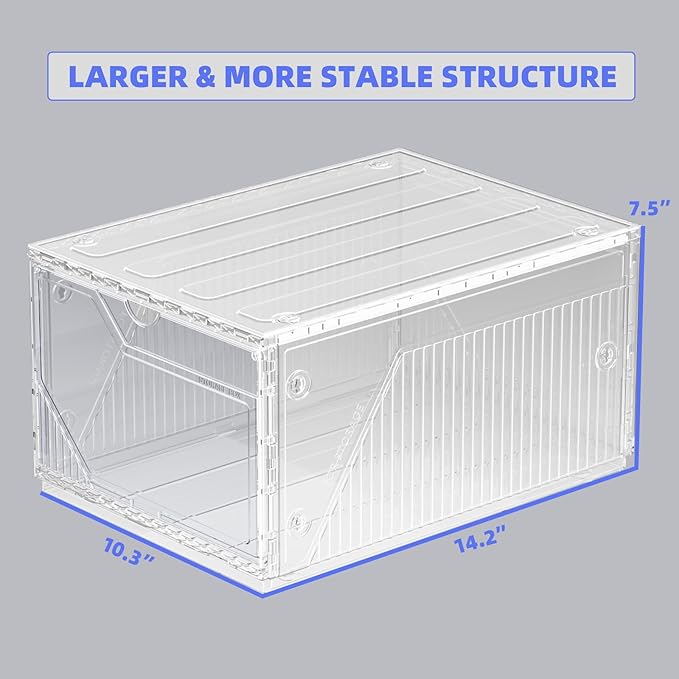 6 Pack Upgraded XX-Large Closet Organizers and Storage with Magnetic Door, New structure is more stable, Thicken & Sturdy Clear Stackable Interconnectable Shoe Box for Entryway, Under Bed