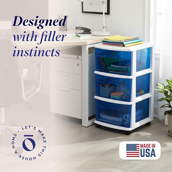 Drawer Tower, 3-Tier Clear Blue Plastic Storage Organizer Cart, White Frame
