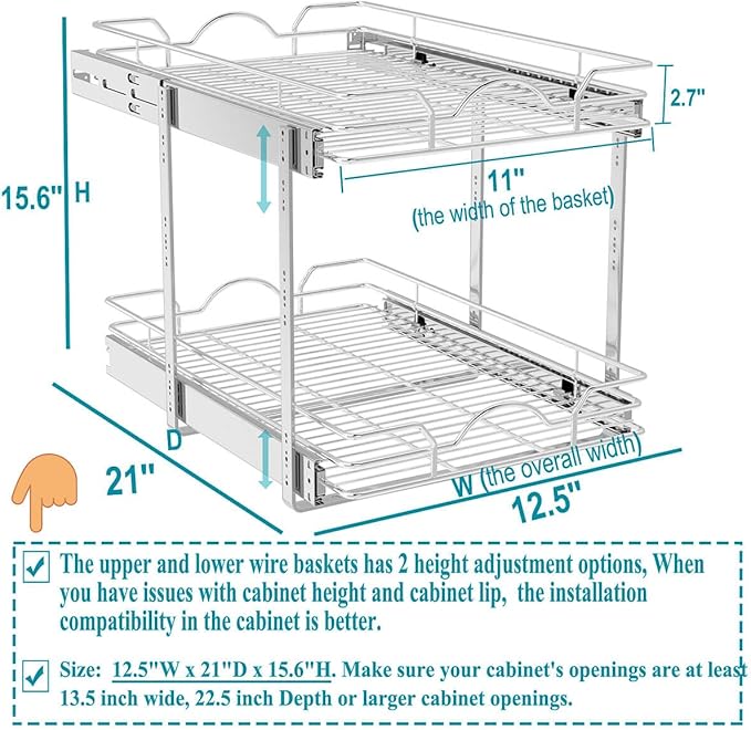 2 Tier Pull Out Cabinet Organizer (12.5" W x 21" D)