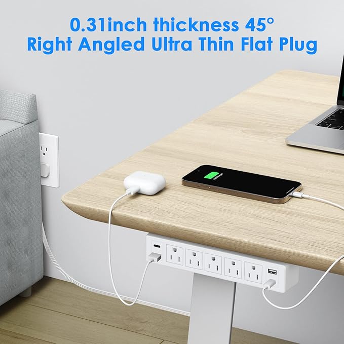 40W Under Desk Power Strip Mountable,20W USB-C Fast Charging Flat Plug Power Strip Surge Protector 1200J,9 in 1 Desk Outlet,5 Outlets,2 USB-C,2 USB-A,10FT Extension Cord White