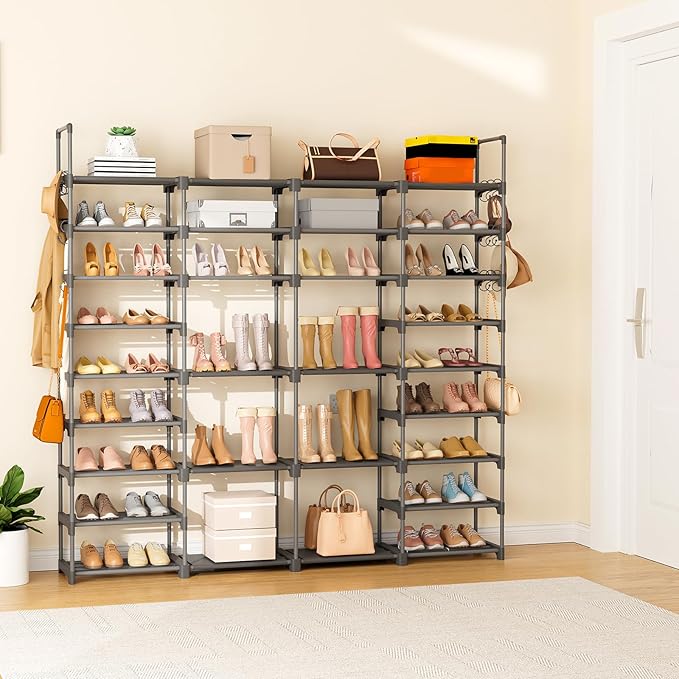 ROJASOP Large Shoe Rack Organizer for Entryway Closet 64-68 Pairs 9-Tier Heavy Duty Tall Garage Shoe Rack Shoe Shelf Shoes Storage with 18 Pcs Removable Side Hooks for Bedroom and Garage Grey