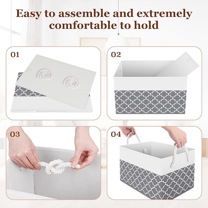Fab totes Storage Bins 3-Pack, Foldable Storage Baskets for Organizing Toys, Books, Shelves, Closet, Large Storage Box with Rope Handles, Sturdy Organizer Bins,Clover Grey