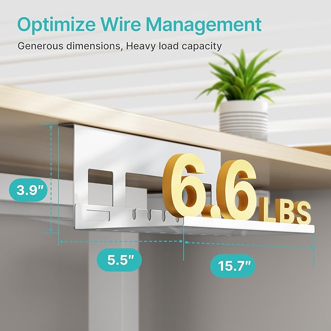 Under Desk Cable Management Tray, 15.7 Inches Metal Cord Organizer Rack, White