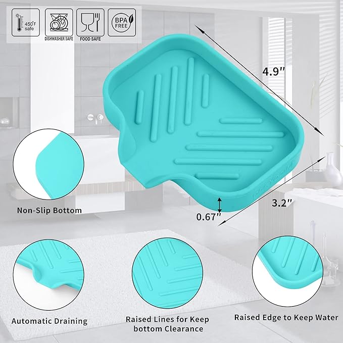 MicoYang Silicone Soap Dish with Drain Spout — Self-Draining Sink Organizer Tray for Bathroom & Kitchen, Holds Bar Soap, Sponges & Dispensers, Non-Slip & Dishwasher Safe, Mint (Small, 4.9"×3.2")
