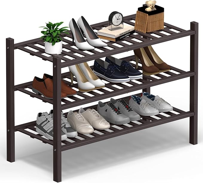 Haddockway Large 3 Tier Bamboo Shoe Rack Storage Organizer, Multifunctional Free Standing Stackable Shoe Shelf with Grid Panel for Closet,Hallway,Entryway,Small Space 27"x12"x21"