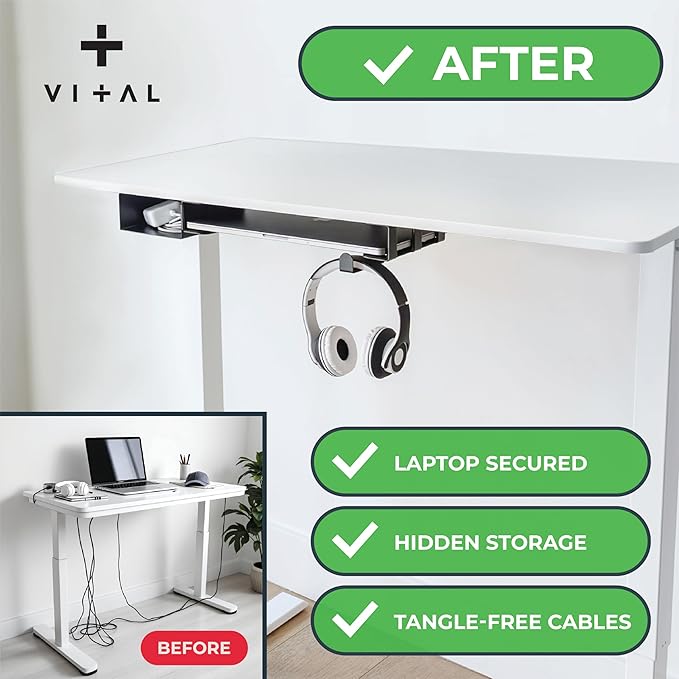 VI+AL Under Desk Laptop Mount - Hidden Metal Shelf with Side Storage, Hook & Cable Organizer - Installs with Tape & Screws - Fits Devices up to 1.7" Thick - Deluxe