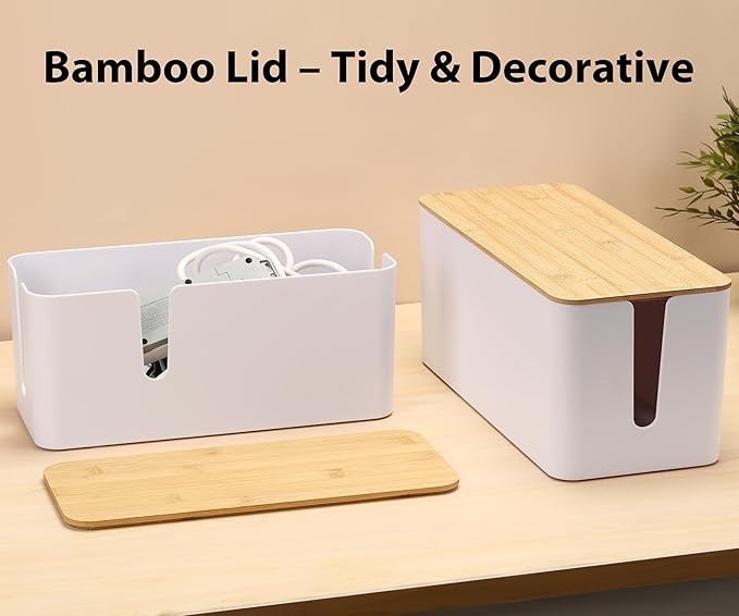 ZhiYo Bamboo Lid Cord Organizer Box, 2Pack Large Cable Management Box, Safe ABS Wire Organizer for TV and Computer, Wood Cover Cord Hider to Hide Wires, USB Hub & Under Desk Power Strip, White