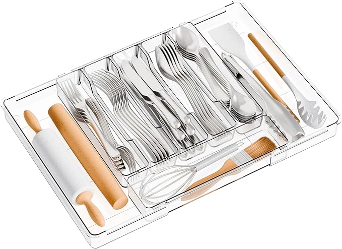 Large Clear Expandable Silverware Drawer Organizer for Kitchen