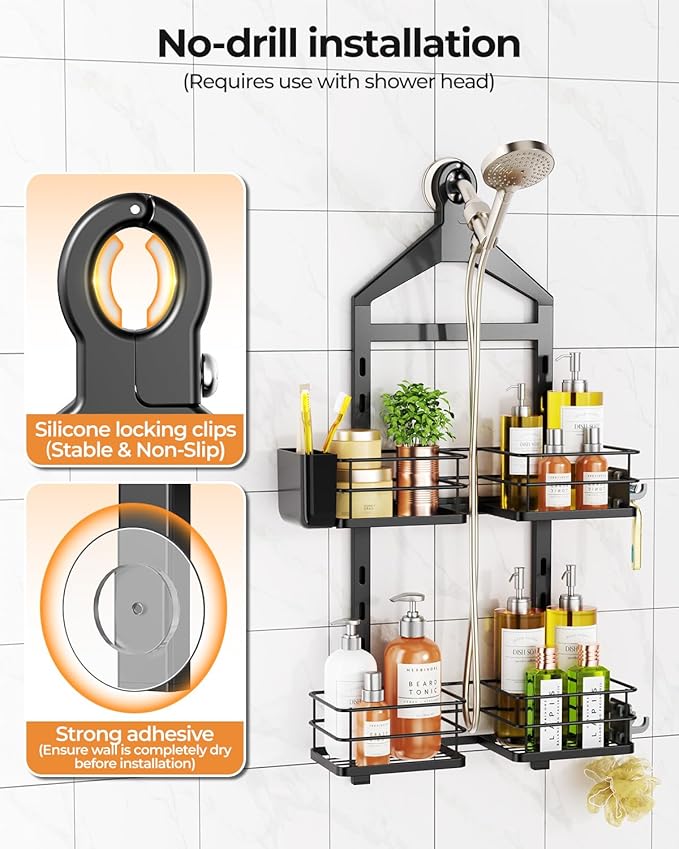 ODesign 2 Tier Height-Adjustable Shower Caddy Hanging Anti-Swing-Over The Shower Head Caddy Storage Organizer Bathroom Shelves Basket-Black
