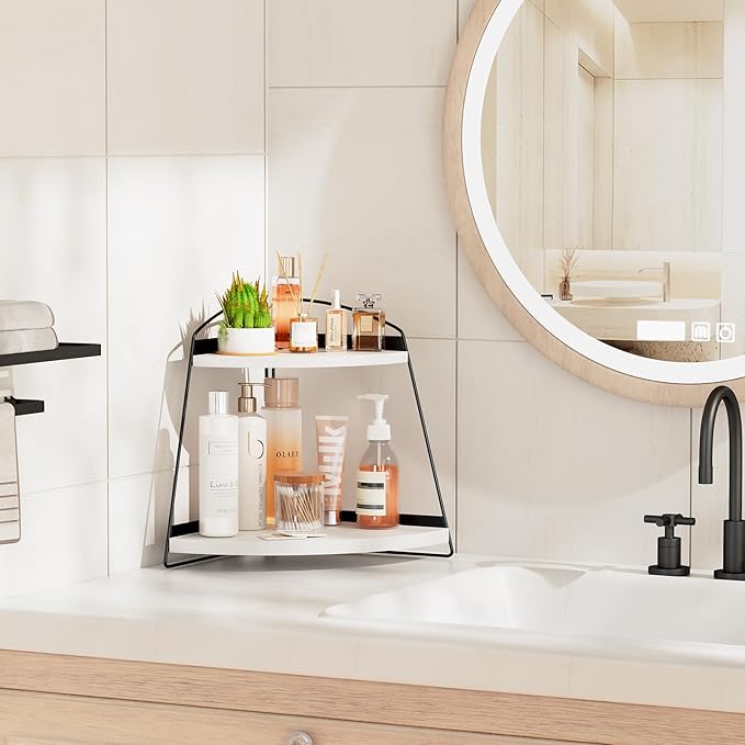 Puricon Bathroom Counter Organizer, 2 Tier Corner Countertop Storage Shelf Bathroom Sink Organizer, Wood Triangle Bathroom Organization for Skincare Kitchen Vanitity -White