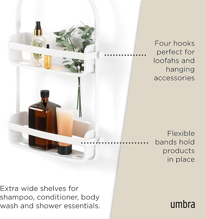 Flex Hanging Shower Caddy with 2 Shelves, Bathtub Shelf and Bathroom Organizer