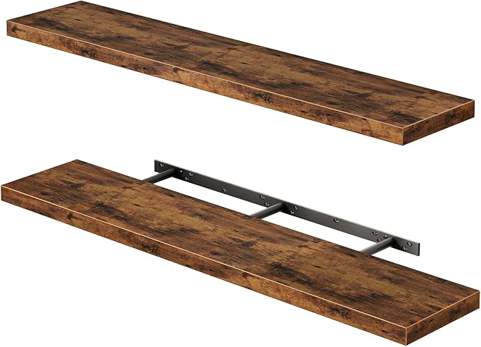 Fixwal Wood Floating Shelves for Wall, 47" Long Heavy Duty Wall Mounted Shelves for Living Room, Bedroom, Bathroom and Kitchen, Wall Shelves for Storage, Books, Room Decor (Rustic Brown, Set of 2)