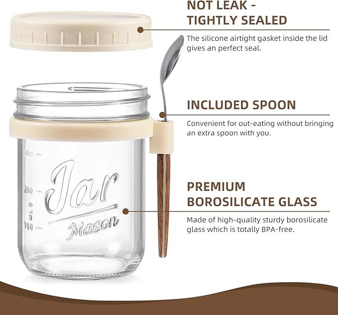 4 Pack Overnight Oats Containers with Lids and Spoons, Fruit-Beige