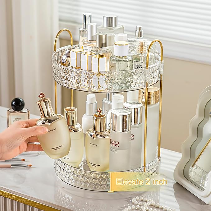 Rotating Makeup Organizer for Vanity, 2 Tier Perfume Skincare Storage for Women