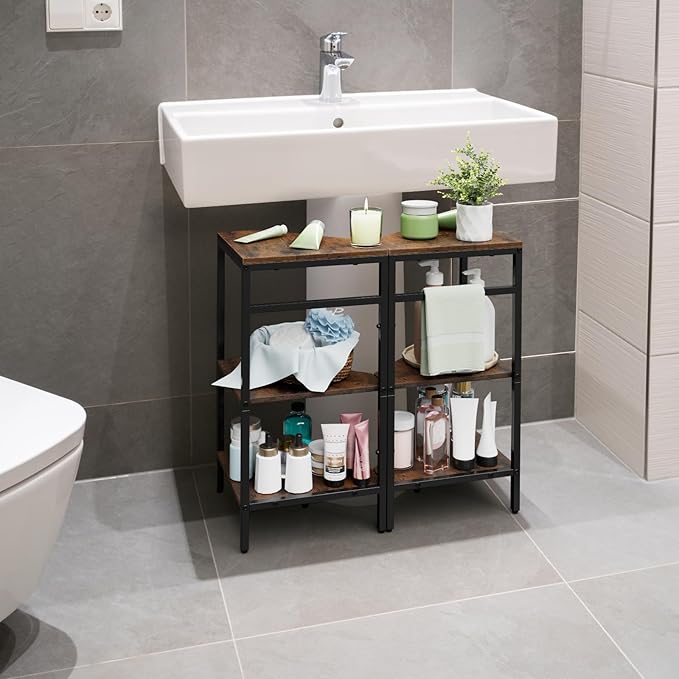Pedestal Sink Storage, 2 Pack Under Sink Organizer Shelf for Bathroom 3 Tier Wooden Corner Shelves Standing Under Vanity Storage Shelf for Small Space, Bathroom Organizers and Storage Rack, Brown