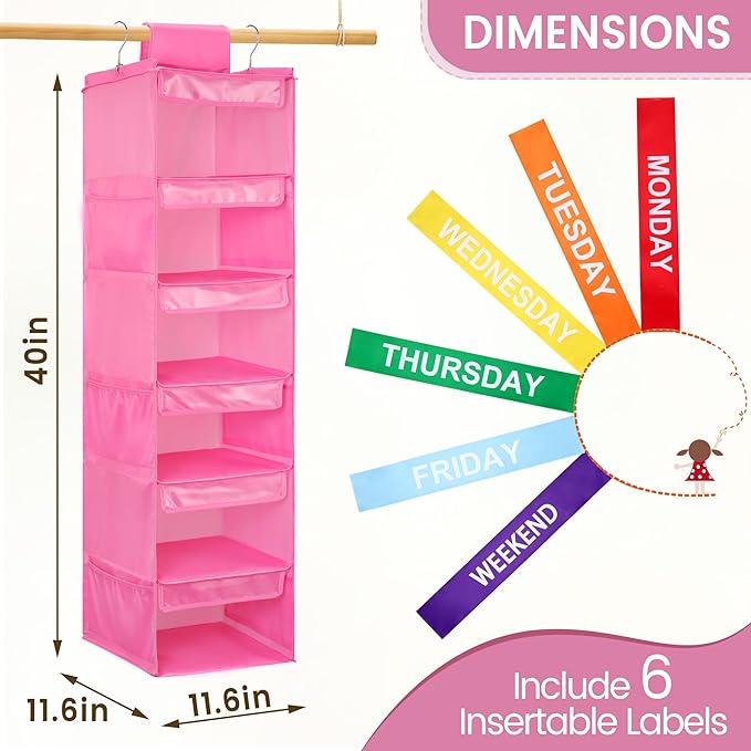 2 Pack 6-Shelf Weekly Clothes Organizer for Kids, Pink