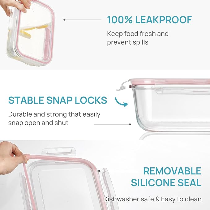 Vtopmart 2Pack 1860ml/63oz Large Glass Storage Containers with Lids, Meal Prep Food Container Set with Snap Airtight Lid for Baking, Microwave, Oven, Leak Proof, for Freezer, Dishwasher, Pink