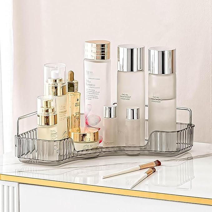 INVSSENE Corner Bathroom Countertop Organizer, Vanity Organizer Trays for Counter, Makeup Organizers, Perfume Tray, Skincare Shelf Storage Gifts for Women Girl Student (Smoky Gray 1 Tier)