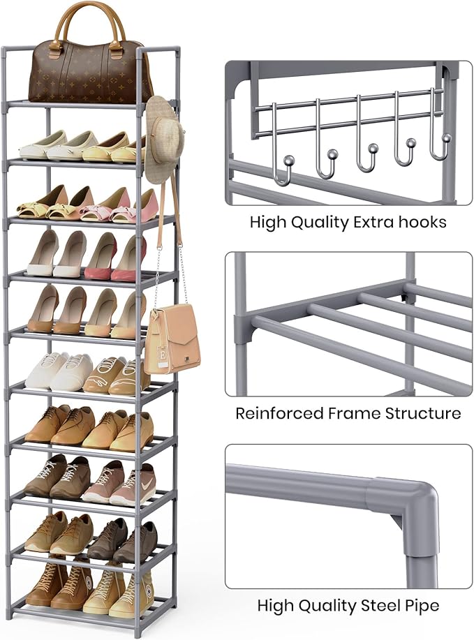 10 Tiers Tall Shoe Rack Narrow 20-24 Pairs Shoe Rack for Closet Entryway Vertical Metal Shoe Rack Organizer Shoe and Boots Organizer Storage Sturdy Shoe Shelf Shoe Stand Gray
