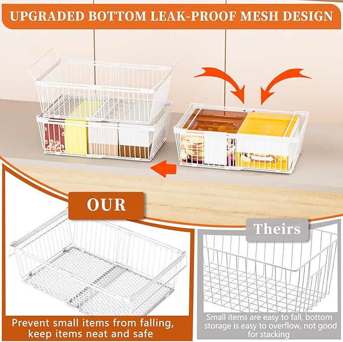 Large Freezer Organizer Bins，Upgraded Bottom Leak-Proof net，2 Pack， Expandable Stackable Chest Freezer Containers with Handle，for Fridge, Deep Freezer, Cabinet, Kitchen, Pantry (White-2Pack)