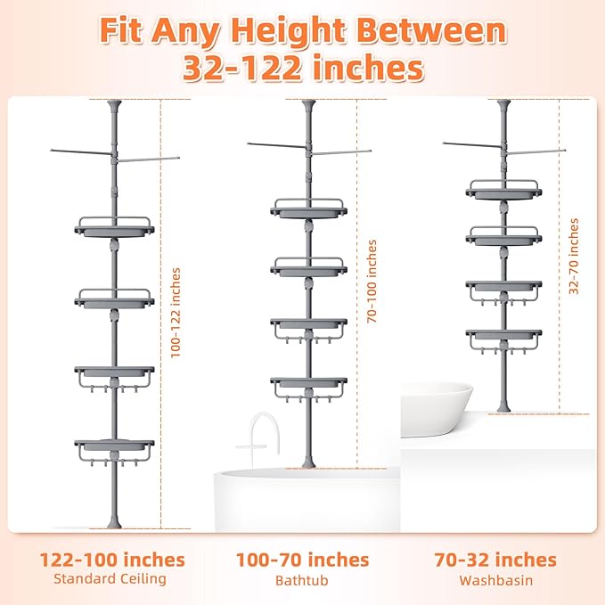 32-122inch Corner Shower Caddy Tension Pole Grey