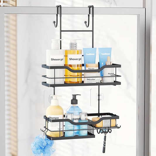 Over Door Shower Caddy, 2 Tier Shower Shelves Hanging with Soap Holders, Black