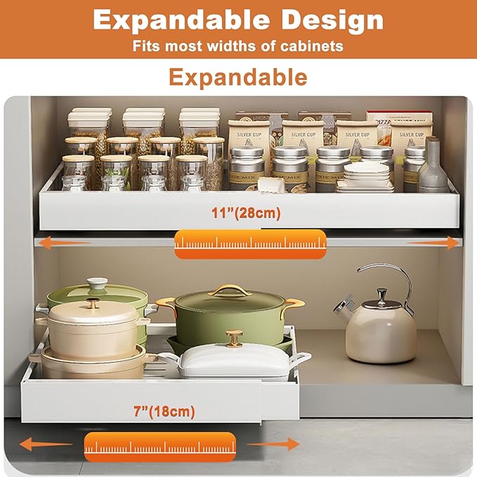 Pull Out Cabinet Organizer, Expandable(7"-11") Slide Out Cabinet Organizer, Pull Out Drawers for Cabinets, No Drilli with Adhesive Nano Film for Kitchen Pantry Shelves, Bathroom