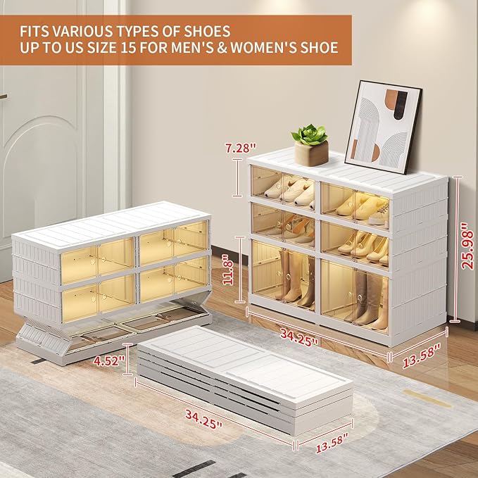 CIMLORD 3-Tier Foldable Shoe Rack Organizer for Closet 12Pairs Plastic Shoe Shelf Collapsible Shoes Storage Box Clear Shoe Boxes Stackable with Door Easy Assembly Shoe Cabinet with Lids Large