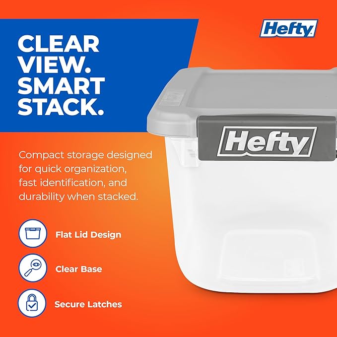 Hefty 6.5 Qt Flat-Lid Storage Bin with Lid, Stackable Plastic Storage Container, Organizer for Home, Office & Classroom, 8 Pack, Gray