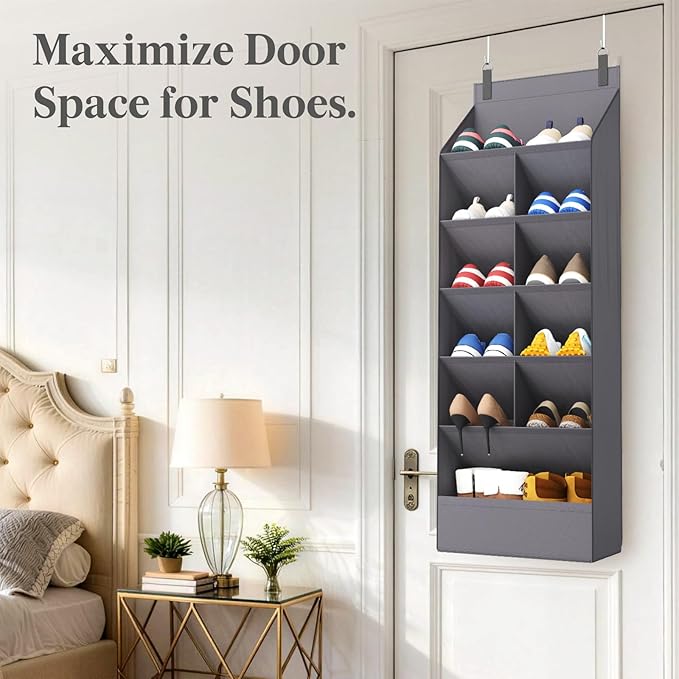 6 Tier Over the Door Shoe Organizer with 11 Large Deep Pockets, Gray