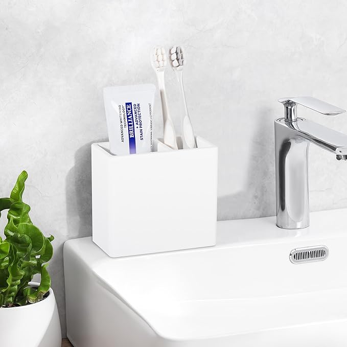 Diatomite Toothbrush Holder 2 Slots Tooth Brush Holder for Bathroom, Kids Electric Toothbrush and Toothpaste Organizer for Countertop, Shower, Vanity, White
