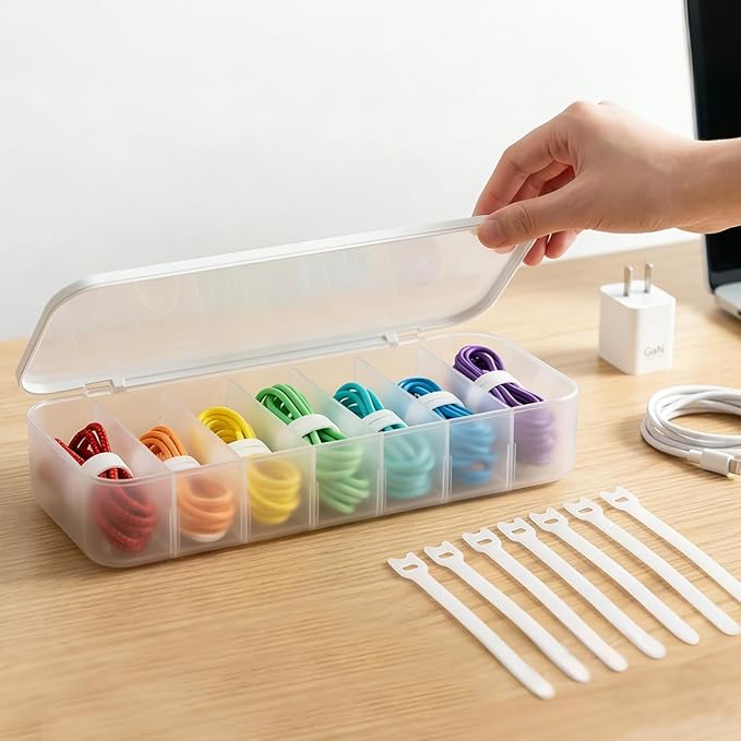 Cable Organizer Box with 7 Wire Ties, 1 Pack Desktop Cord Management Storage Case with Lid, 7 Compartments for Chargers Cables for Office Home Desk Accessories Cords (White)
