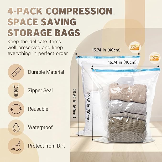 OIAHOMY 2 Pack Under Bed Storage with 4 Compression Bags, Underbed Organizers for Bedroom & Closet, Fits Beds Higher than 5.9", Space-Saving for Seasonal Clothes, Blankets & Shoes - Grey