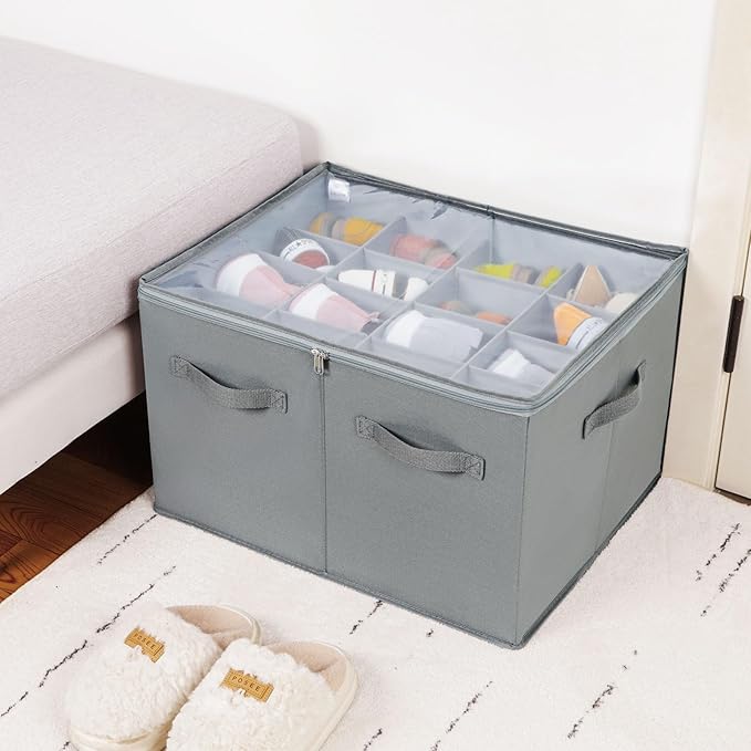 TOPIA HOME Shoe Organizer for Closet, Foldable Shoe Box with Adjustable Dividers and Clear Cover, Space Saving Shoe Storage Organizer Cabinet with Reinforced Handles, Fits 16 Pairs, Gray, TP09G