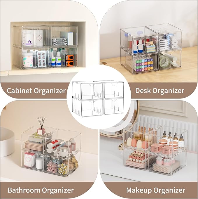 4 PCS Clear Stackable Storage Drawers with Adjustable Dividers, 6 Compartments Large Tea Bag Organizers, Acrylic Food Storage Bins for Pantry, Kitchen Cabinet, Fridge, Sugar & Spice Packets, Snacks