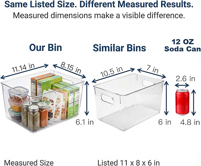 MOONEDGE Open Clear Plastic Storage Bins Stackable Organizer Containers with Handles for Kitchen, Pantry, Fridge, Cabinet, Closet Storage & Home Organization 6 Pack（11 x 8 x 6 in）