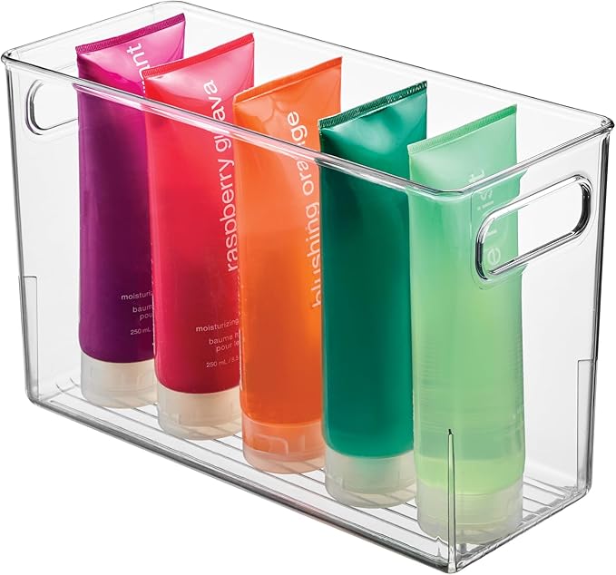 Slim Clear Plastic Bathroom Storage Bin, Tall Narrow Organizer for Lotions
