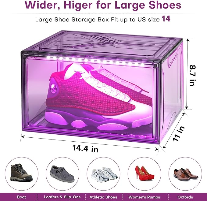 Oltraman Shoe Storage Organizer for Closet, Foldable Shoe Boxes Rack 2 pack, Clear Plastic Stackable Containers Bins Holder, Magnetic Sneaker Shelf for Sneakerheads with LED Lights Grey